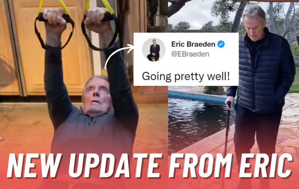 A thumbnail with Eric Braeden doing pullups and him walking with the help of a walker