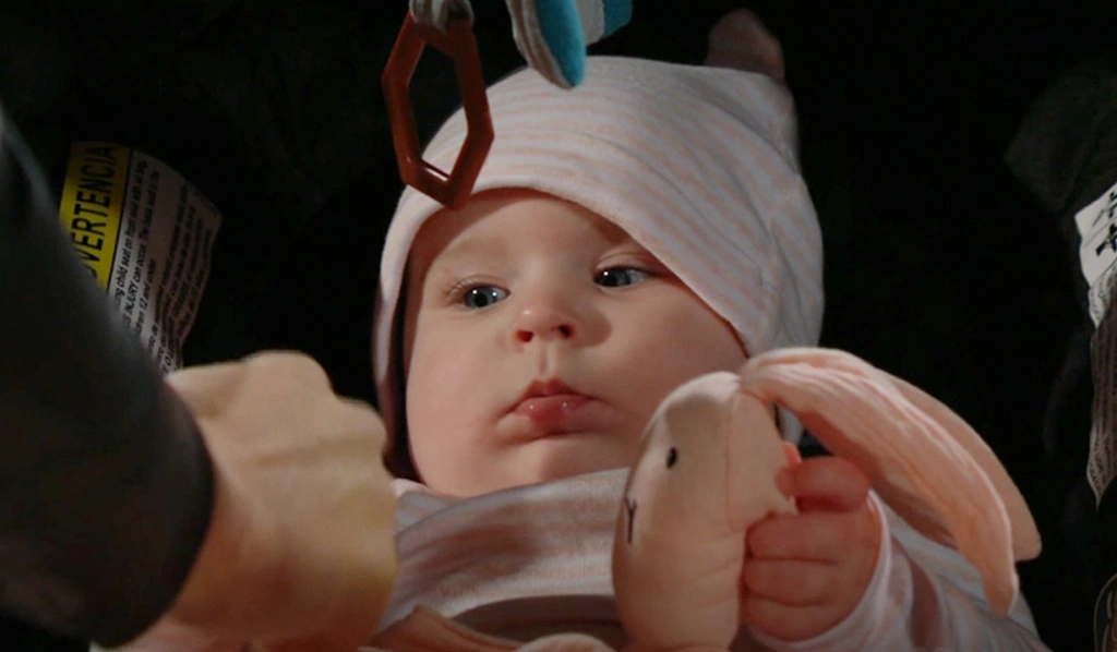 Baby Aria holding a toy bunny in Y&R.