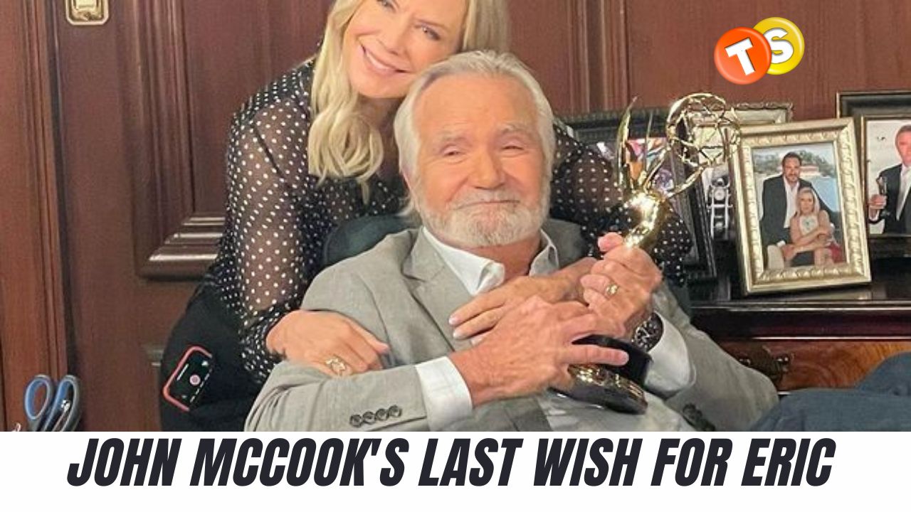 John McCook with an Emmy and Katherine K Lang hugging him from back