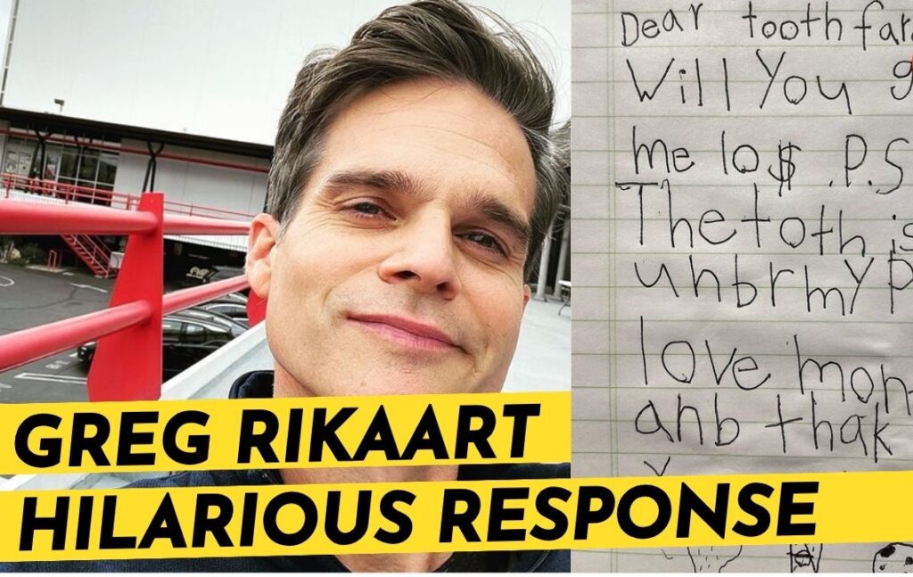 Greg Rikaart outside CBS, a handwritten note by his son displayed next to him