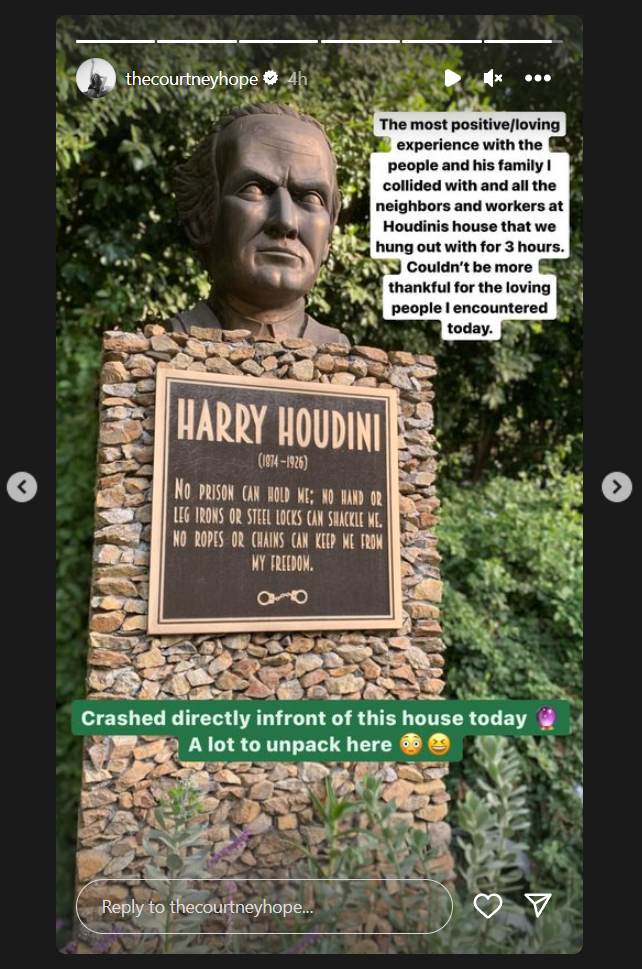 Courtney Hope's car crashed in front of the famous Harry Houdini monument