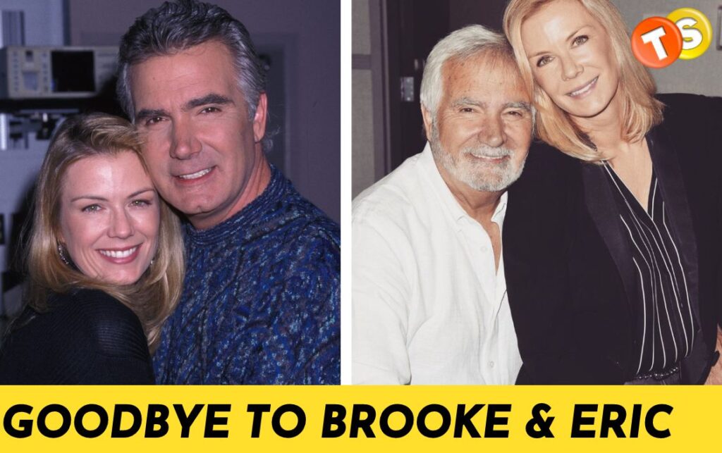 An old photo of John McCook and Katherine Kelly Lang, a recent photo of them