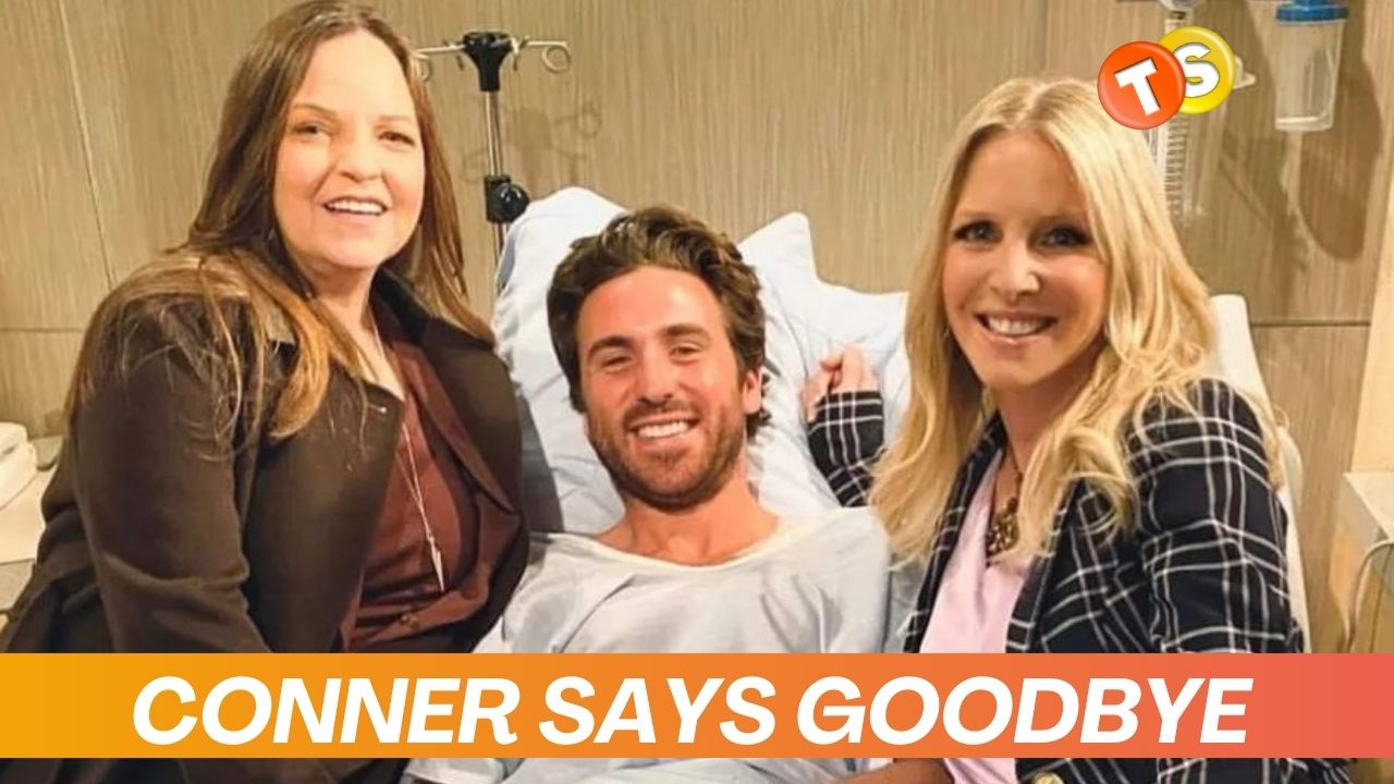 Connor Floyd in hospital bed, Tricia Cast and Lauralee Bell on his either side